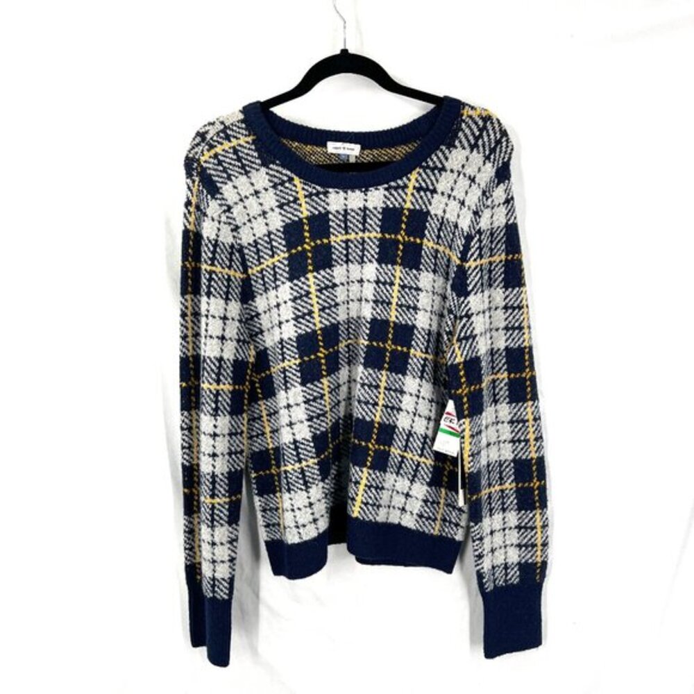 NEW Court & Rowe wool blend plaid knit crew neck sweater academia blue yellow L